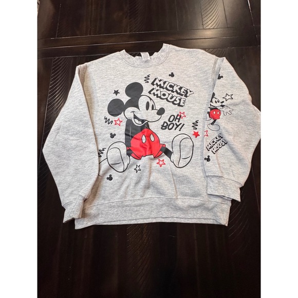 Disney Tops - Disney Mickey Mouse Oh Boy Heather Gray Puff Print Sweatshirt M 8-10